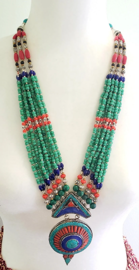 Vintage Turquoise/Coral  Multi Strand  Handmade Tibetan Necklace, Tribal Fusion Neckpiece, Unique Large Jewelry, Bohemian Accessories