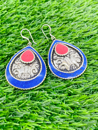 Handmade Vintage Tribal Fusion Tibetan Natural Gemstones Earring/Oval Shaped Earring/Dangle Earring/Vintage Style/Unique Jewelry