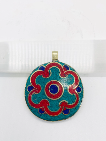 Handmade Flower Design Turquoise Coral Lapis Lazuli pendant with Shell, Shell Pendant from Nepal,Nickel Free Authentic Tibetan Pendant