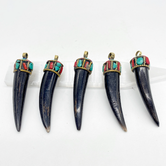Carved Tusk Tooth Pendant, Tribal Pendants, Bohemian Jewelry, Unique Turquoise Jewelry, Handmade Pendants, Tooth Shape Statement Jewelry