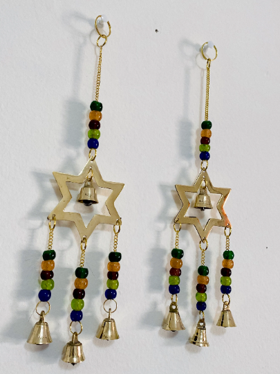 Brass Wind Chime with Bells Star, Metal Star Hanging,Chimes with Beads,Altar Decorations,Handmade Wind Chime,Home Decor,Celestial Star Decor
