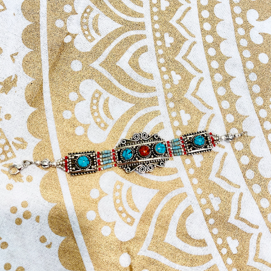 Tribal Fusion Handmade Bracelet with Amber, Coral, Turquoise  Ethnic Bracelet, Vintage Jewelry, Bohemian Bracelet, Gypsy Jewelry