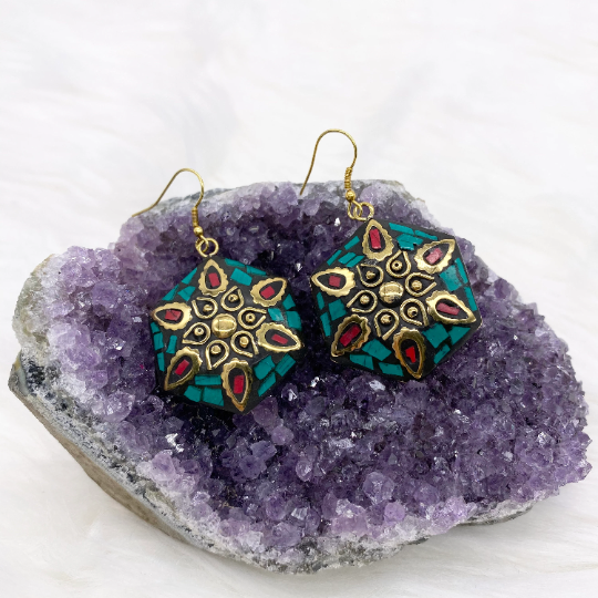 Tibetan Turquoise, Coral, Lapis Lazuli Round Earrings, Bohemian Jewelry, Ethnic Silver Earrings, Unique Women Accessories, Gift for Her