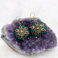 Tibetan Turquoise, Coral, Lapis Lazuli Round Earrings, Bohemian Jewelry, Ethnic Silver Earrings, Unique Women Accessories, Gift for Her