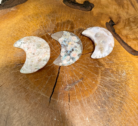 Flower Agate Moons, Cherry Blossom Agate Crescent Moon, Crystal Moon, Pocket Stone, Sacred Stones, Healing Crystals, Handcarved Crystals
