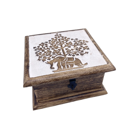 Handcarved Elephant Wooden Box, Storage Box, Elephant Gift Box, Tree of Life Altar Box, Jewelry Box, Good Luck Gifts, Crystal Storage Box