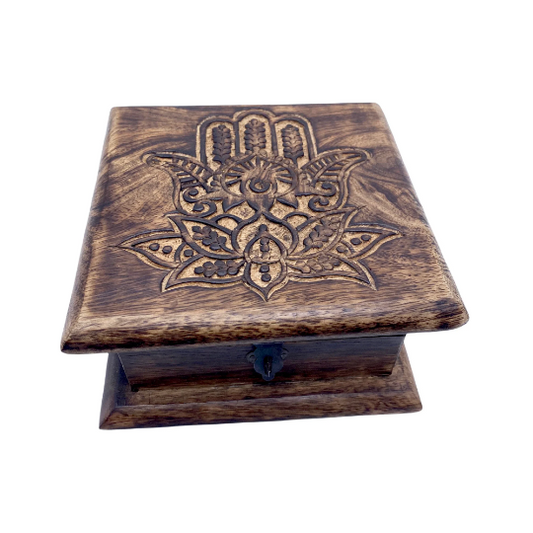 Wooden Lotus Hamsa Storage Box, Wood Carvings, Trinket Jewelry Box, Hand Carved Crystal Storage Box, Stash  Box, Altar Keepsake Box