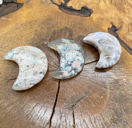 Flower Agate Moons, Cherry Blossom Agate Crescent Moon, Crystal Moon, Pocket Stone, Sacred Stones, Healing Crystals, Handcarved Crystals