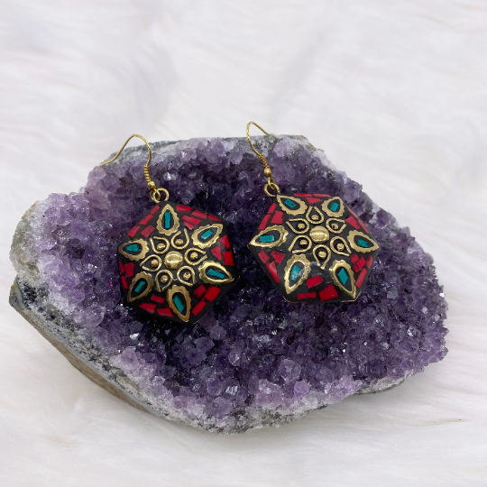 Tibetan Turquoise, Coral, Lapis Lazuli Round Earrings, Bohemian Jewelry, Ethnic Silver Earrings, Unique Women Accessories, Gift for Her