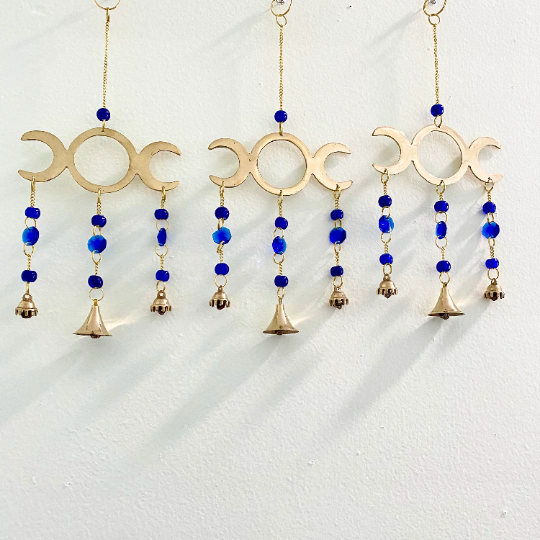 Triple Moon Wall Hanging, Wind Chime, Suncatcher, Handmade Chime Bells and Chimes, Witchcraft, Divine Feminine Symbol, Positivity decor