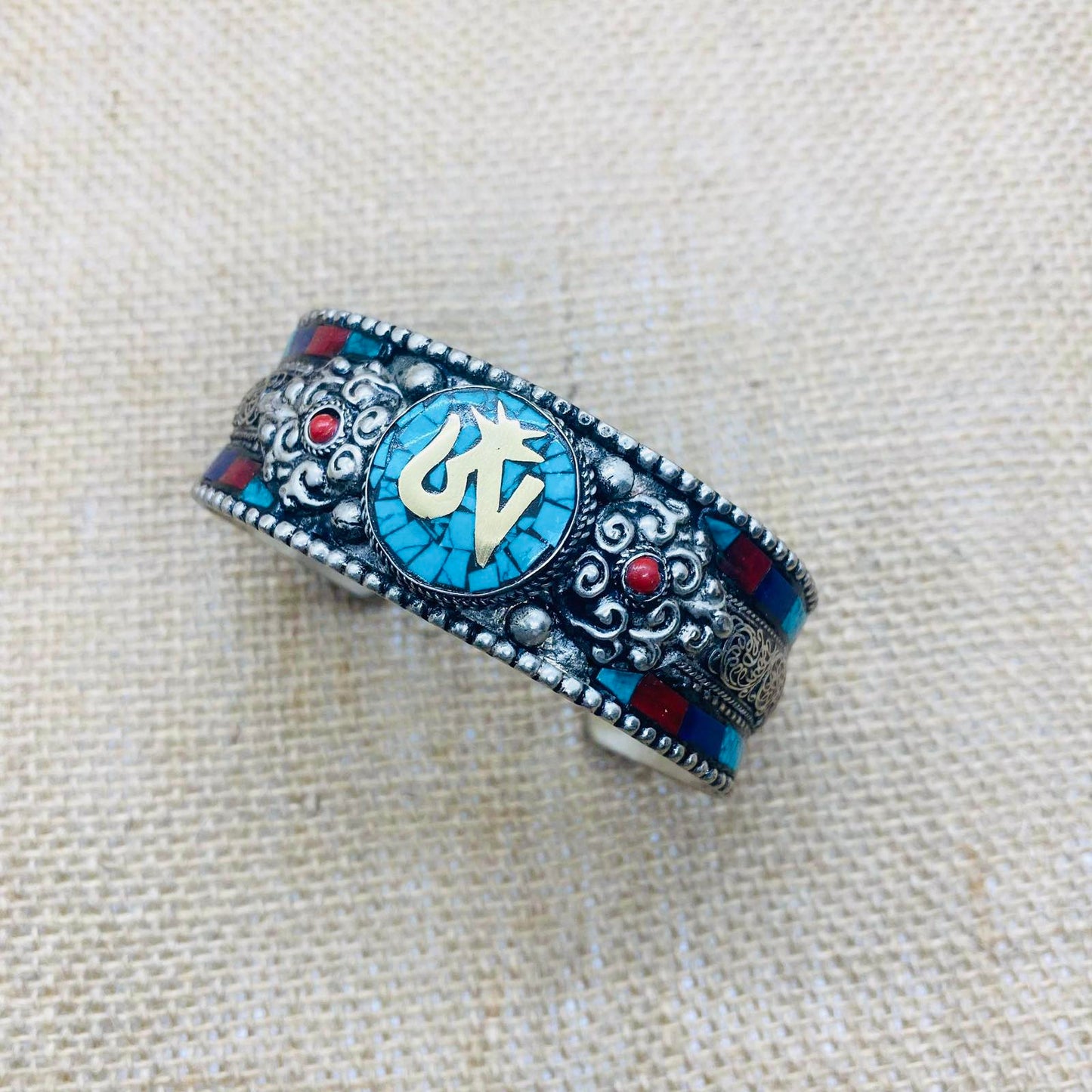 Turquoise Cuff Bracelet, Handmade Bracelet, Coral Cuffs, Vintage Jewelry, Om Bracelets,  Ethnic Yoga Jewelry, Tibetan Aum Bangle, Giftforher