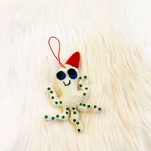 White Felt Octopus Ornament, Unique Christmas Hanging