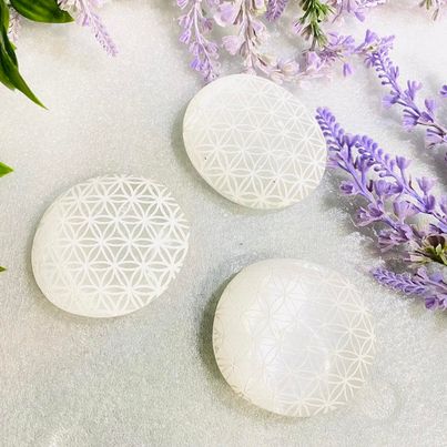 Selenite Palm Stone with Flower of Life