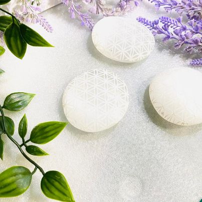Selenite Palm Stone with Flower of Life