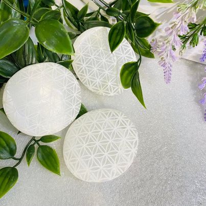 Selenite Palm Stone with Flower of Life